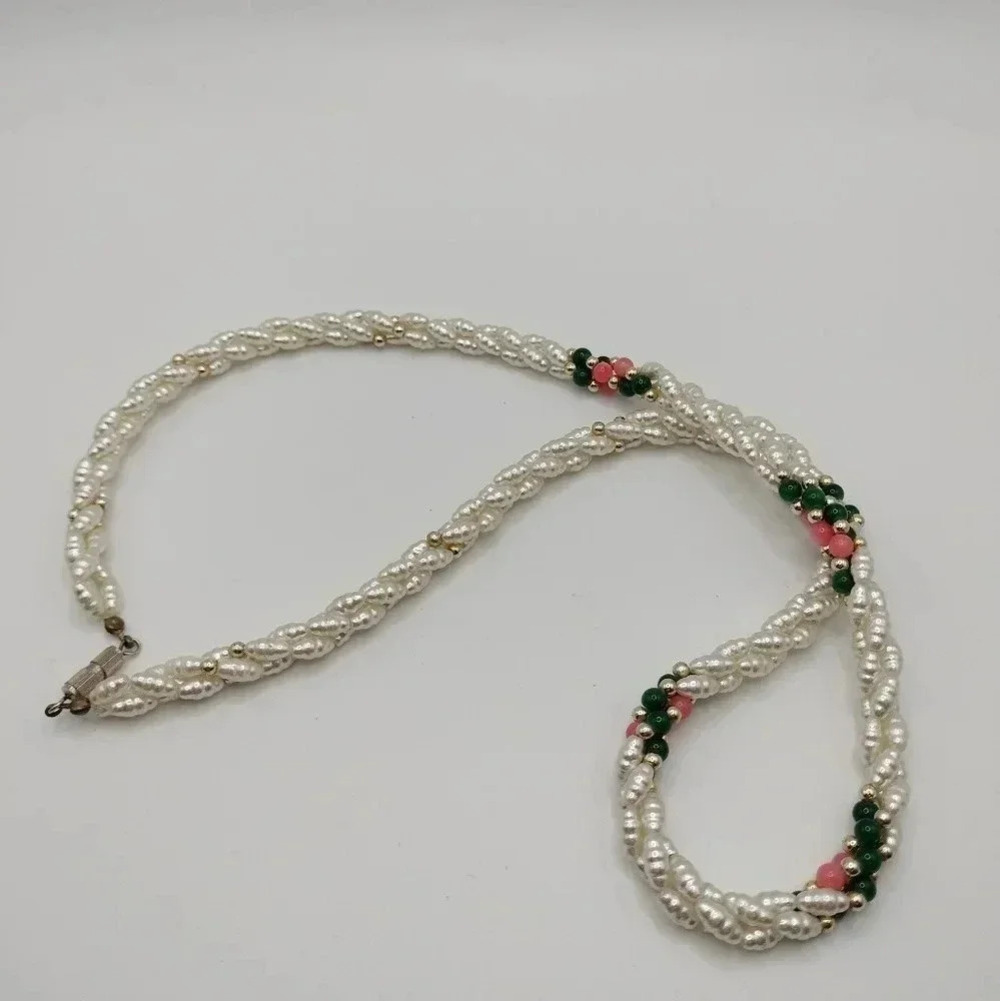 Vintage Faux Rice Pearl Twisted Strand Necklace with Pink & Green Jadeite Glass